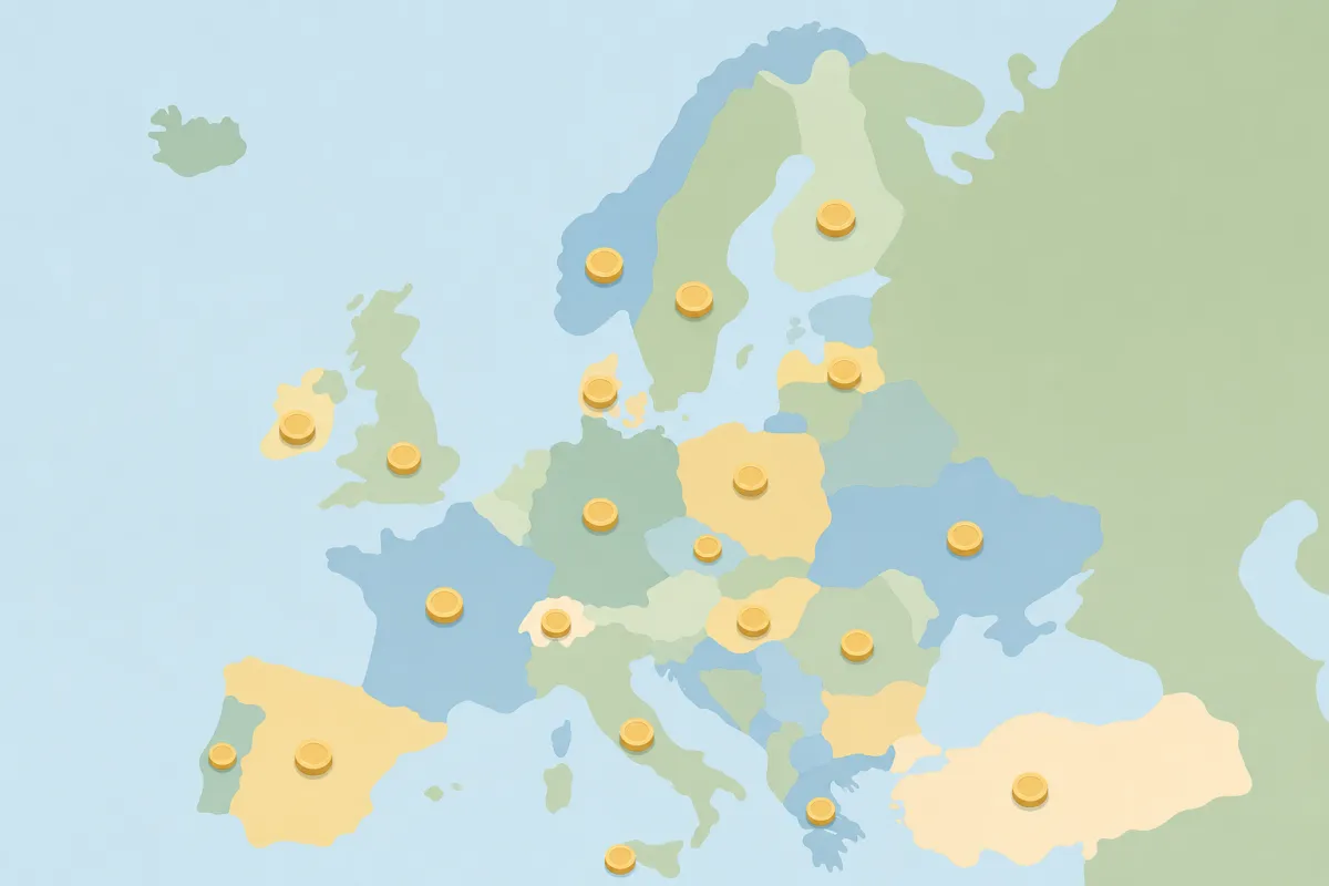Kort over Europa i pastelfarver med mønter på flere lande