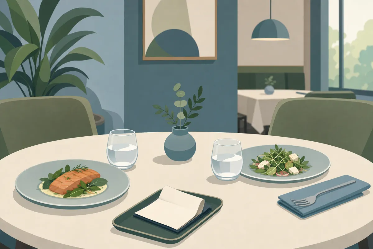 Frokostbord på en restaurant med to tallerkener og en kvittering