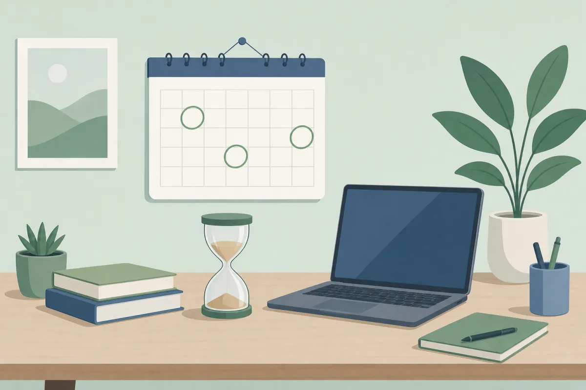 Vægkalender med markerede dage, et timeglas og en bærbar computer