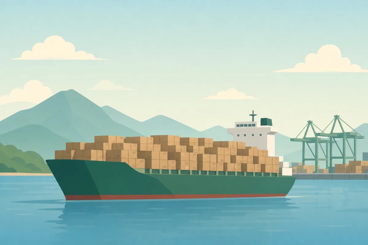 Containerskib fyldt med små pakker på vej fra en havn med kraner