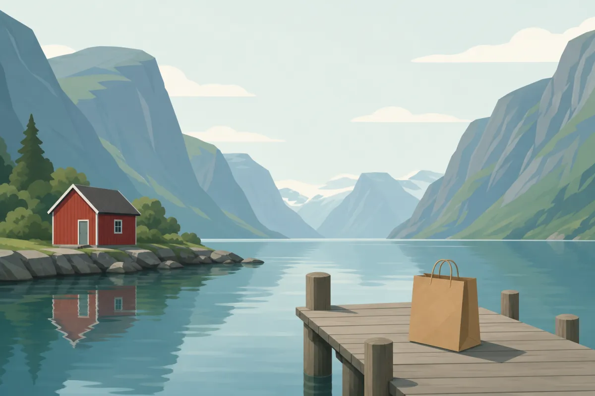 Norsk fjord med et rødt hus og en indkøbspose på en træbro